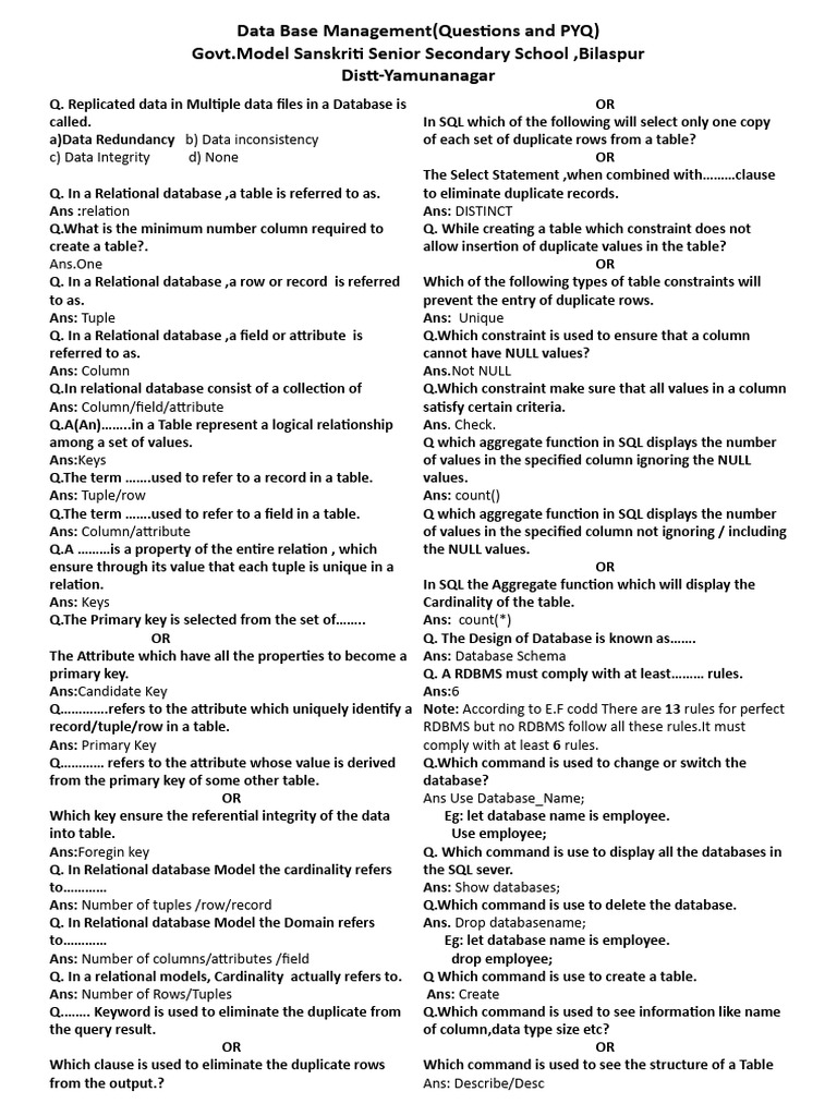 DBMS PYQ Python Class 12th | PDF | Relational Model | Relational Database