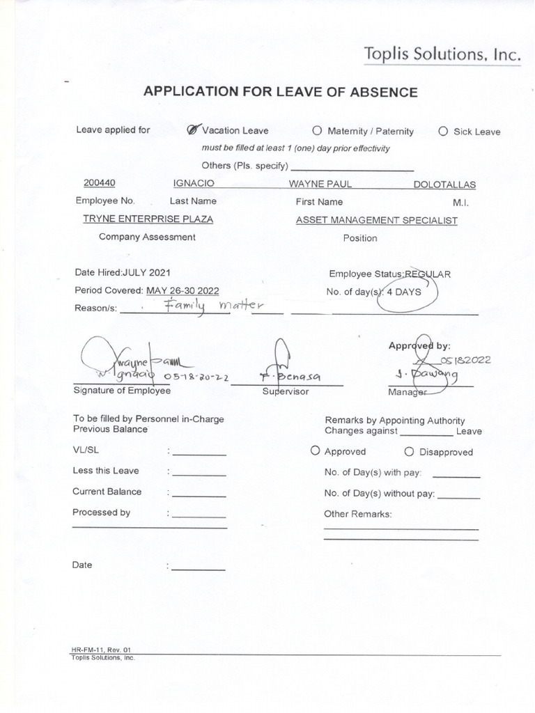 Leave Form Wayne Paul Ignacio Ams | PDF