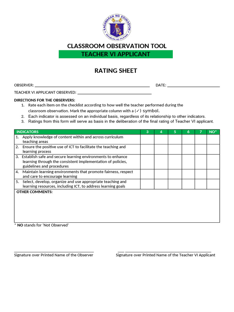 COT Rating Sheet Teacher VI | PDF