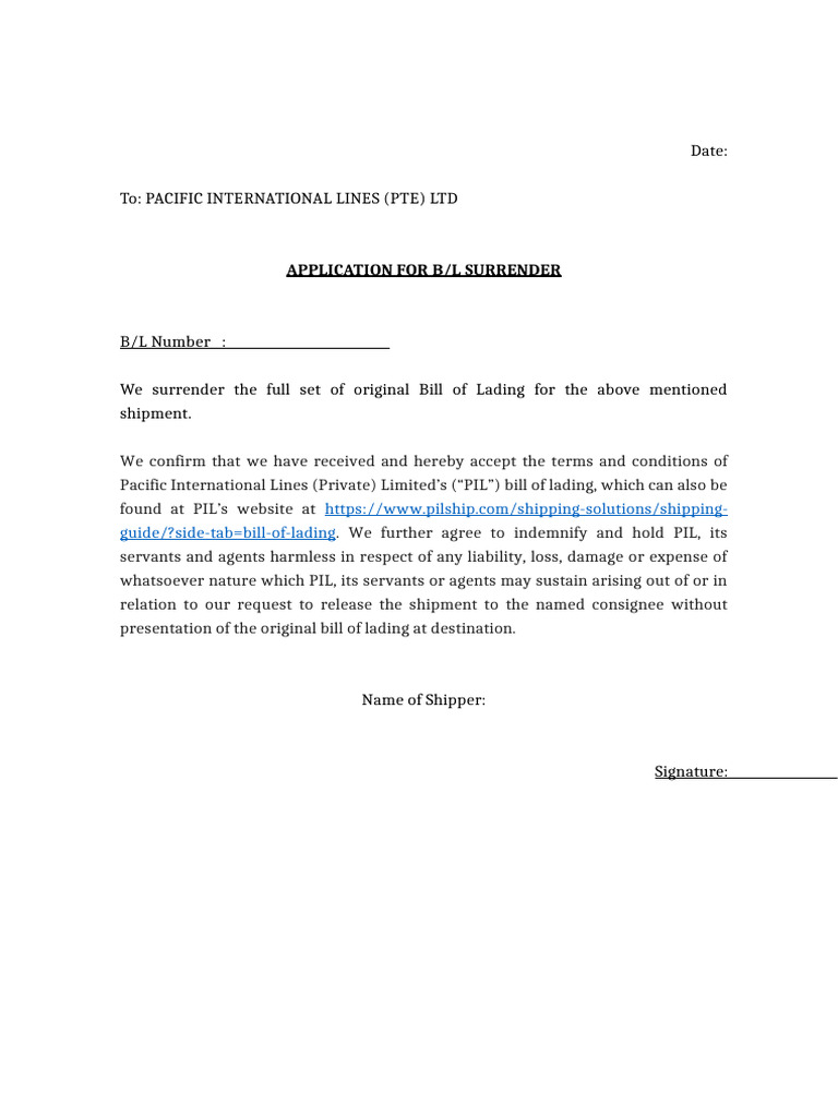 Application Form for BL Surrender (PIL用) | PDF