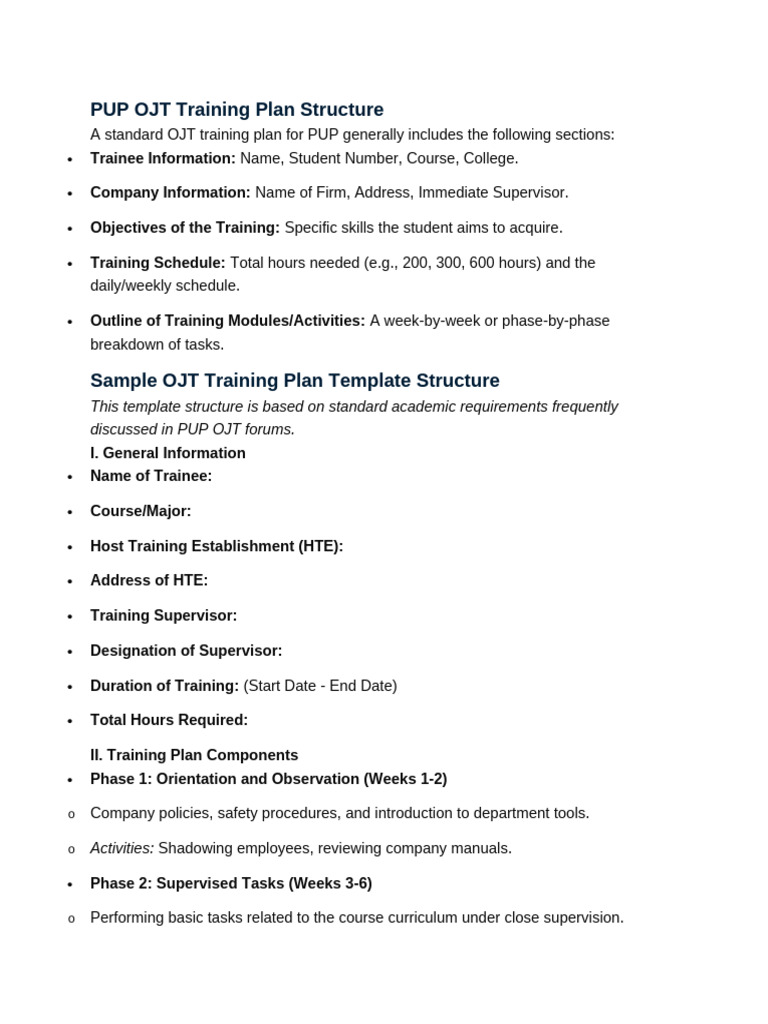 PUP OJT Training Plan Structure | PDF