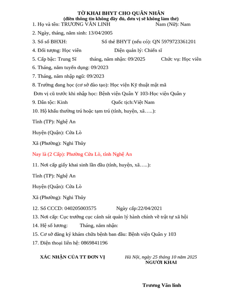 T Khai Bhyt Cho Quân Nhân | PDF