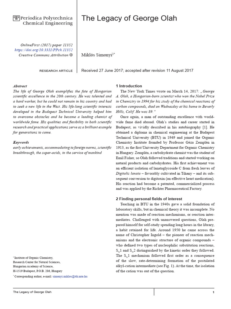 The Legacy of George Olah Appeared Online | PDF | Acid | Chemical Reactions