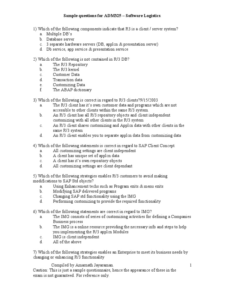 Sample Questions For ADM325 - Software Logistics | PDF