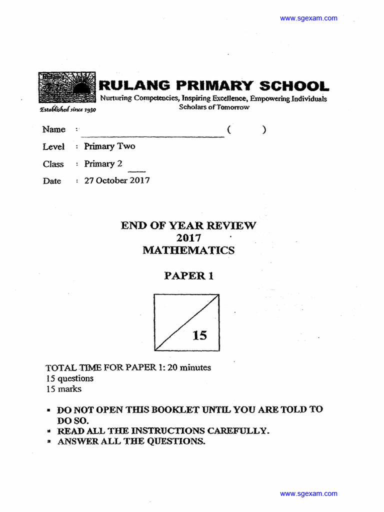 2017 P2 Maths SA2 Rulang | PDF