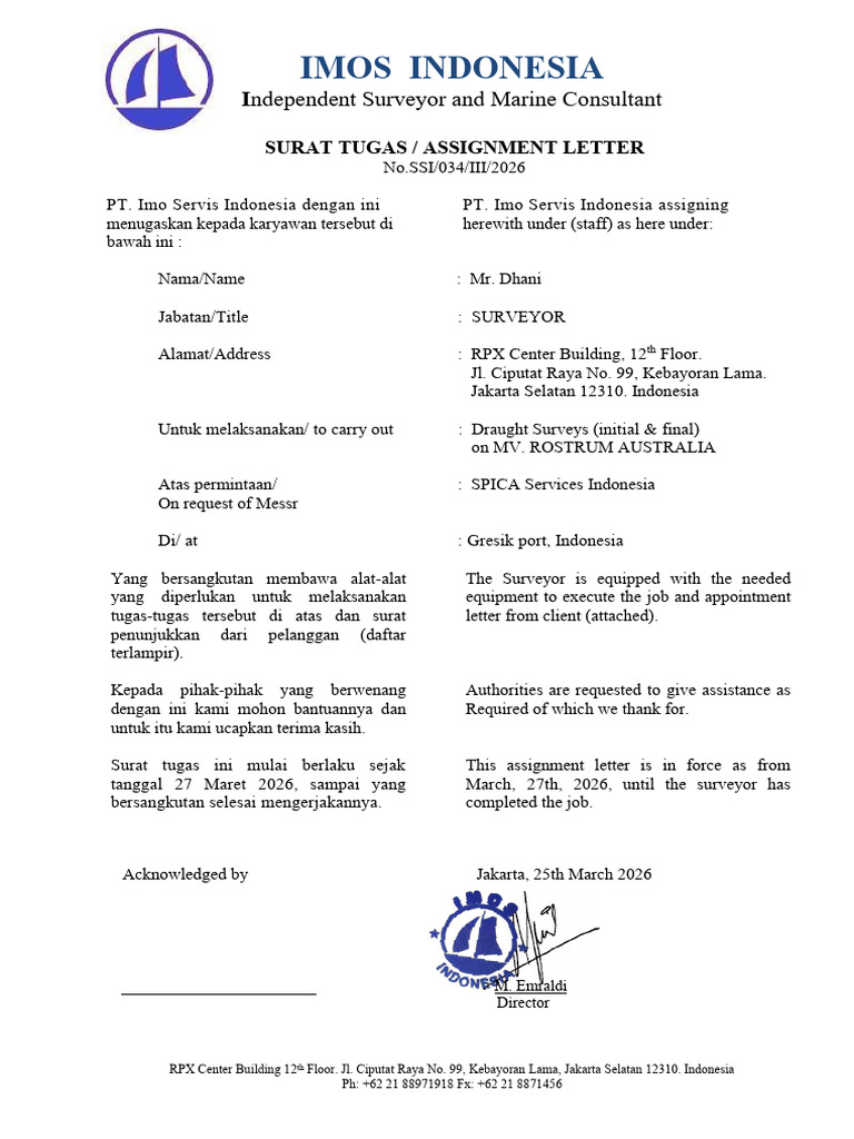 Assignment Letter - Mv. Rostrum Australia | PDF