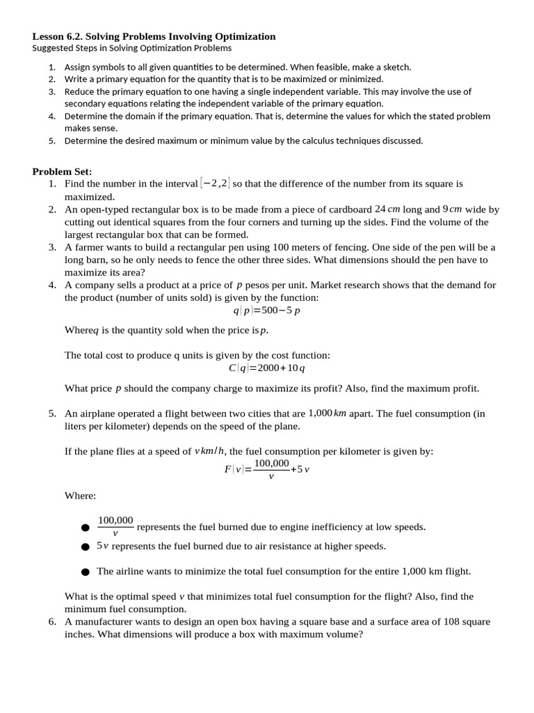Lesson 6.2. Solving Problems Involving Optimization | PDF