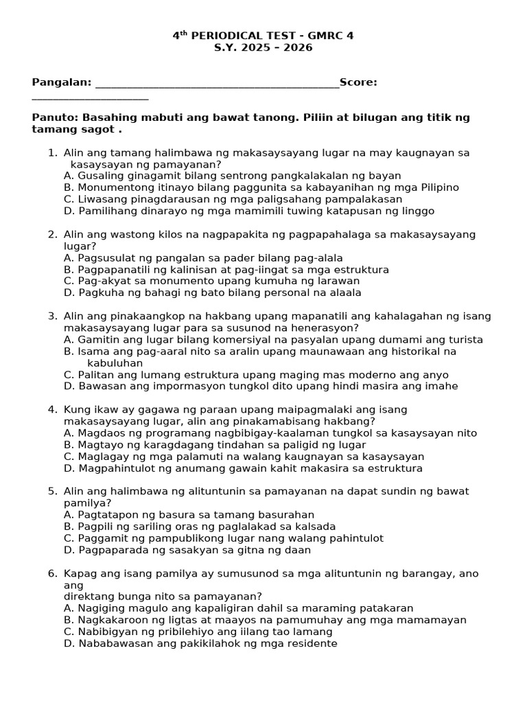 DTC - PT - q4 GMRC 4 Matatag With Tos Key | PDF