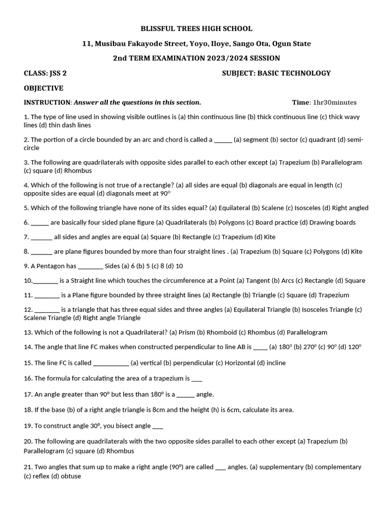 Jss2 Basic Technology 2nd Term | PDF | Triangle | Rectangle