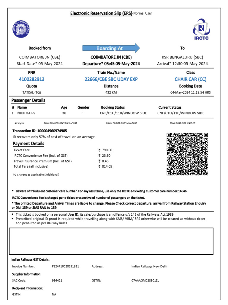 22666/cbe SBC Uday Exp Chair Car (CC) | PDF