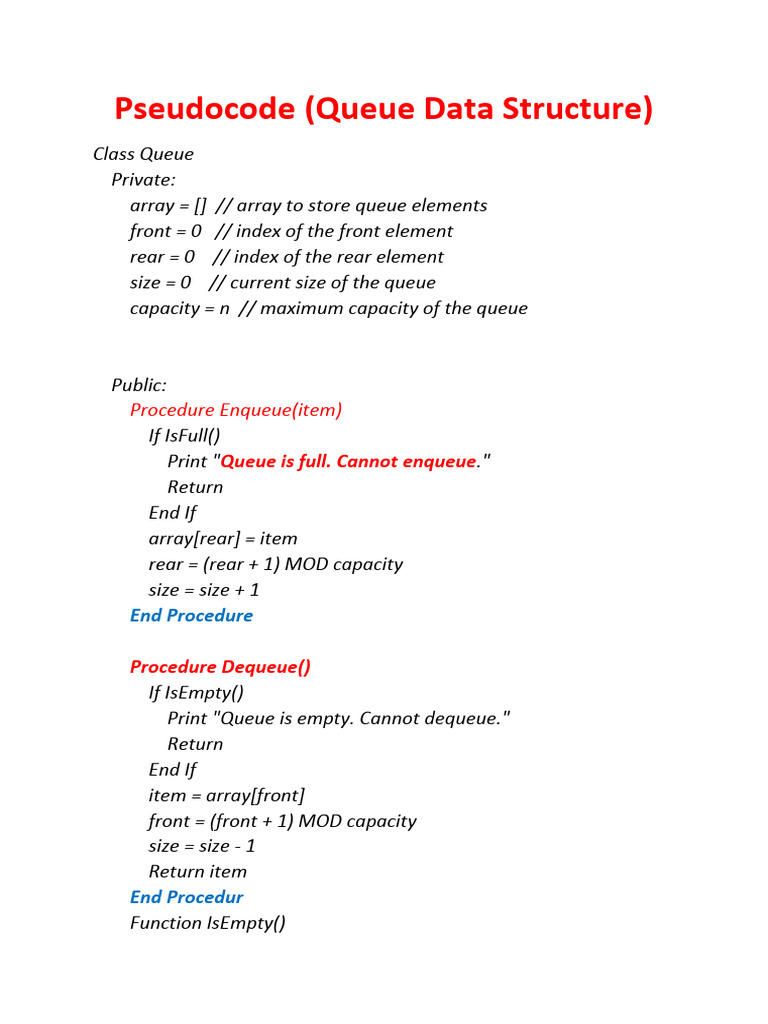 Pseudocode Queue Data Structure | PDF