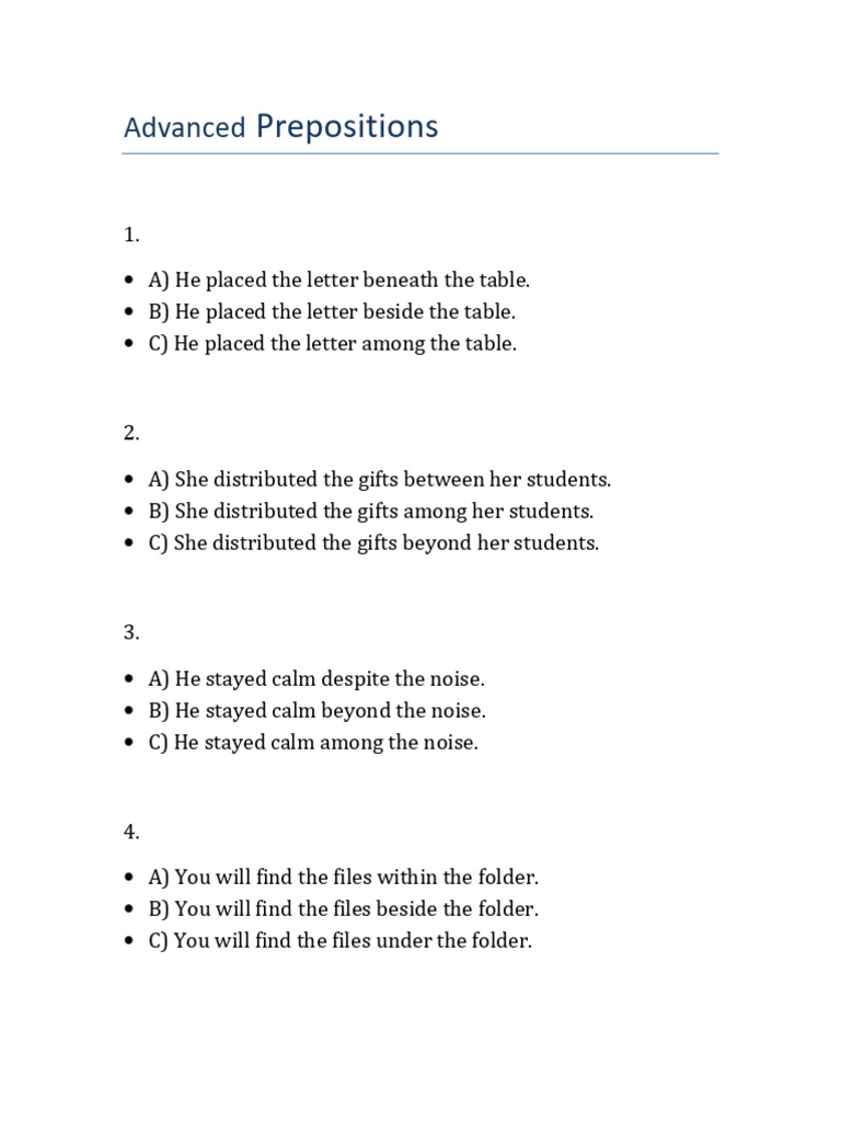 Advanced Prepositions Exercises | PDF
