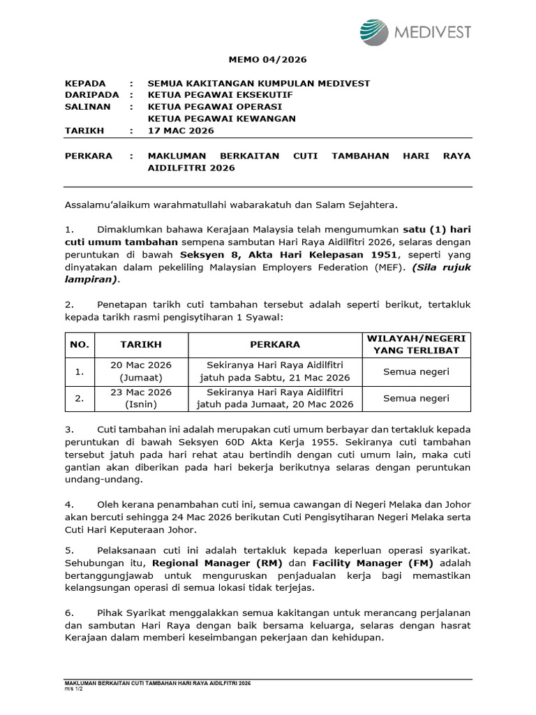 Memo - Makluman Berkaitan Cuti Tambahan Hari Raya Aidilfitri 2026 ...