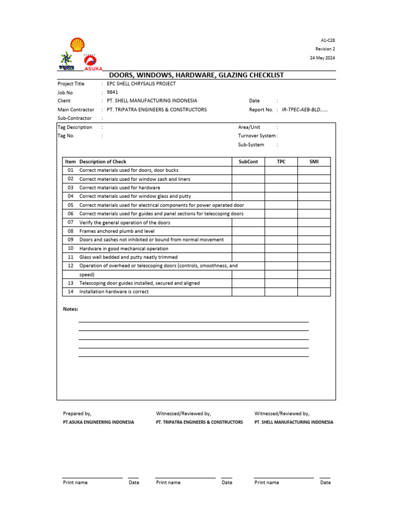 Doors, Windows, Hardware, Glazing Checklist: Description of Check Item ...
