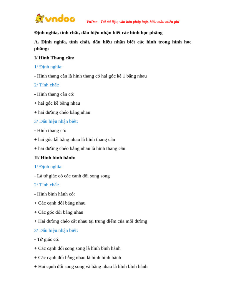 Dinh Nghia Tinh Chat Dau Hieu Nhan Biet Cac Hinh Hoc Phang | PDF