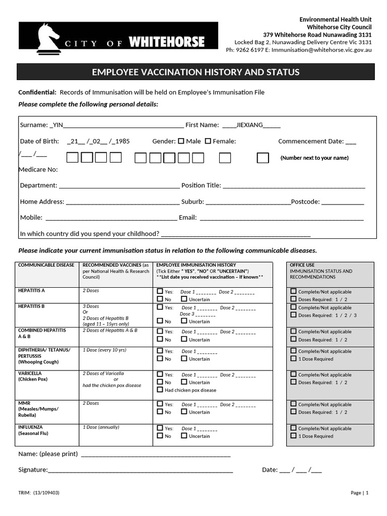 Workplace - Employee Vaccination History and Status | PDF