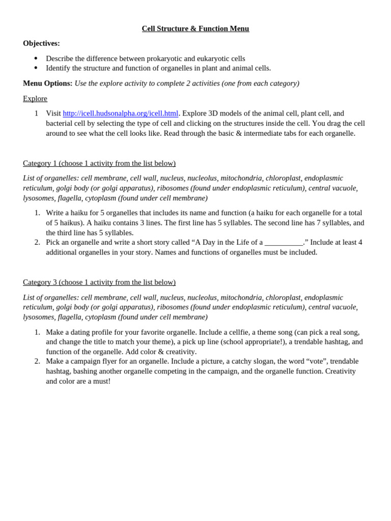 Cell Structure & Function Menu Options - 2020-2021 | PDF