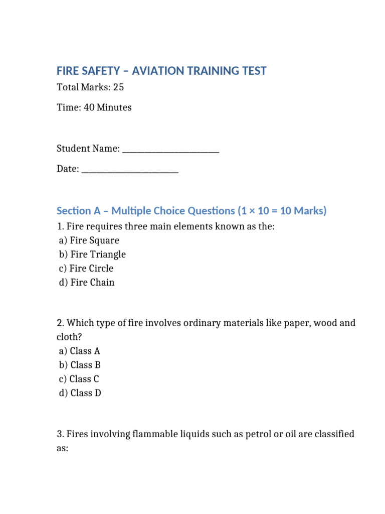Fire Safety Aviation Test 25 Marks | PDF