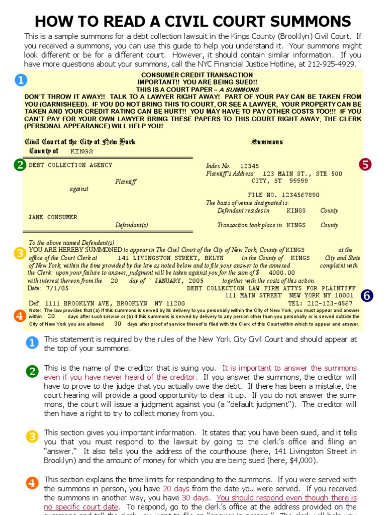 Official court summons document sample layout