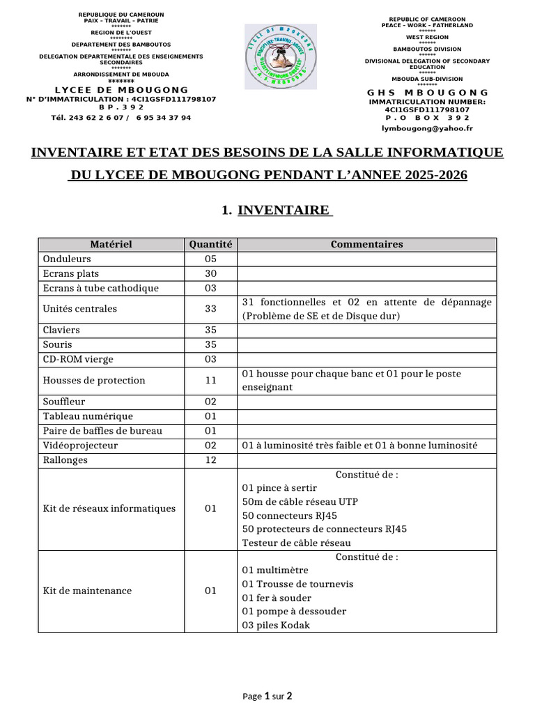 Inventaire & État Des Besoins de La Salle Informatique 2025-2026 | PDF ...