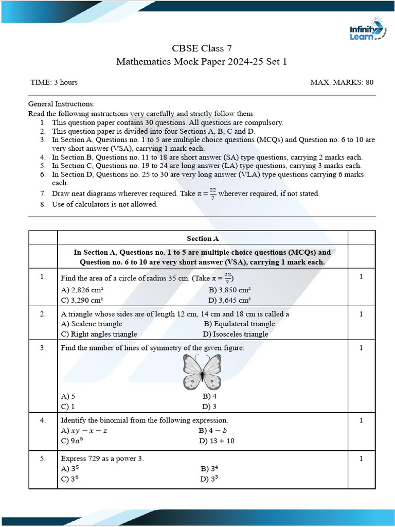 Class 7 Mathematics Mock Paper Set 1 QP | PDF | Triangle | Area