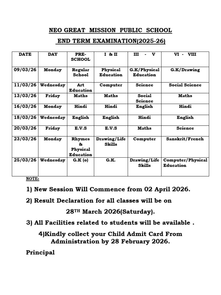 Date Sheet of Final Term 25-26 NGMP | PDF
