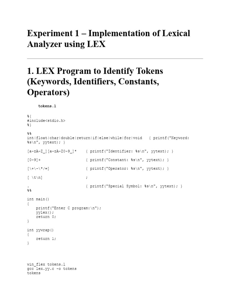 Implementation of Lexical Analyzer Using LEX | PDF