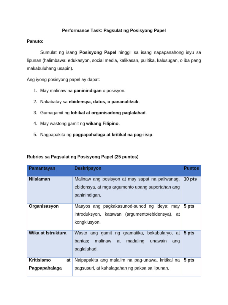 Performance Task in Posisyong Papel | PDF
