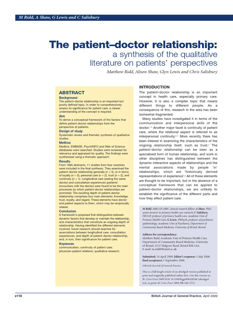 The Patient-Doctor Relationship A Synthesis of The | PDF | Qualitative ...