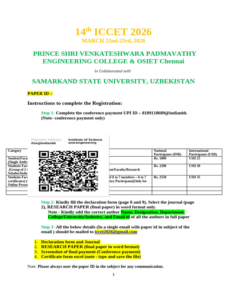Declaration Form and Journal - 14TH ICCET 2026 | PDF | Artificial ...