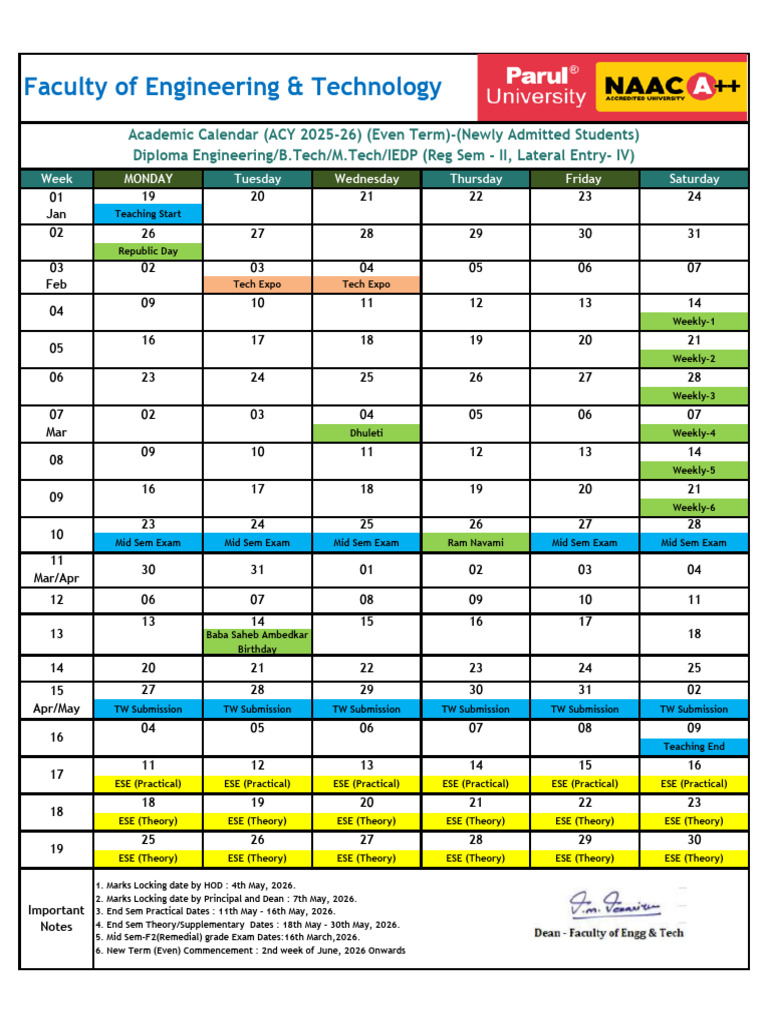 Academic Calendar Even 2025-26 Newly Admitted Students | PDF