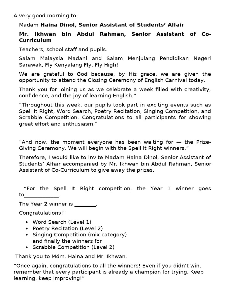 Closing Ceremony MC Script | PDF