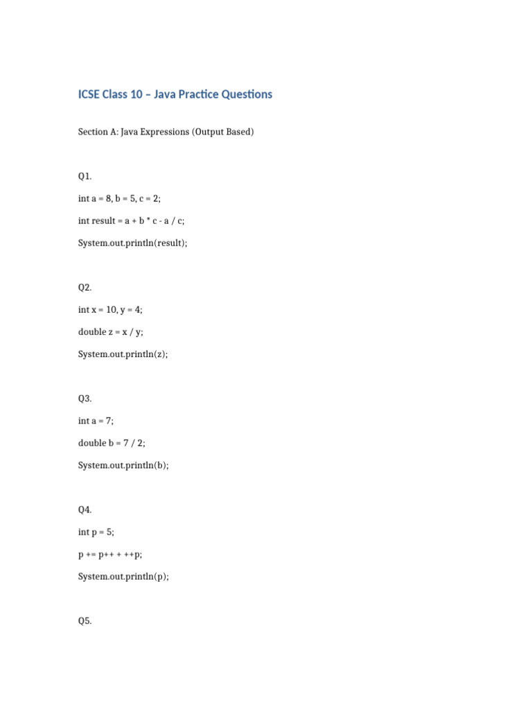 ICSE Class 10 Java Expressions Practice | PDF