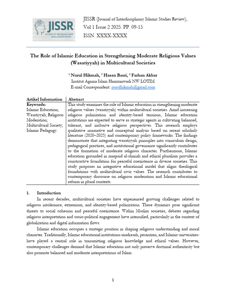 The Role of Islamic Education in Strengthening Moderate Religious ...