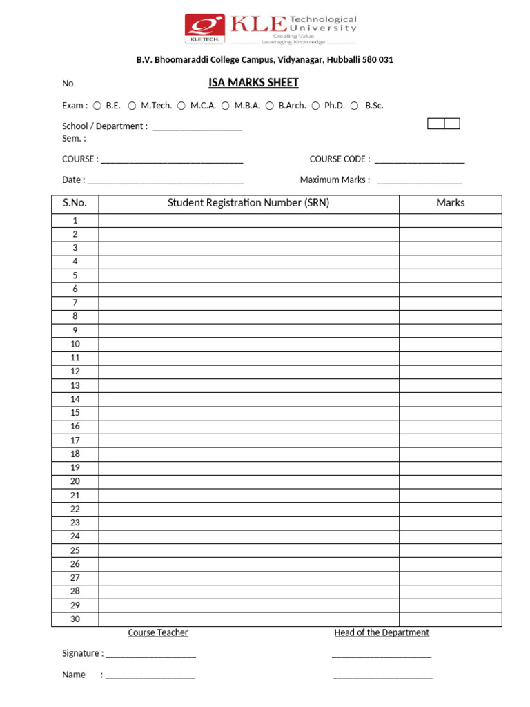 Template For ISA Marks Sheet | PDF