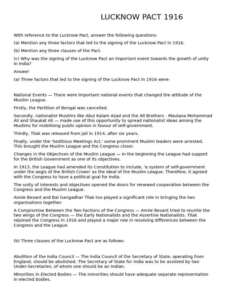 Lucknow Pact 1916 | PDF