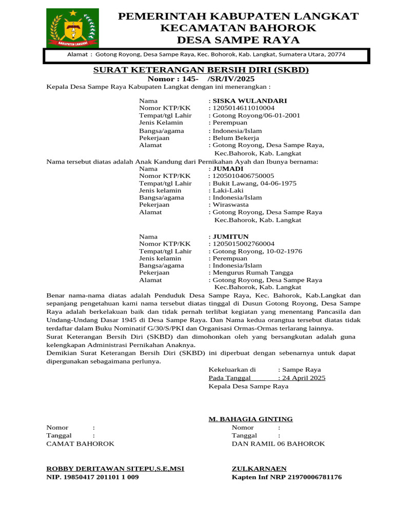 Surat Keterangan Bersih Diri (SKBD) | PDF