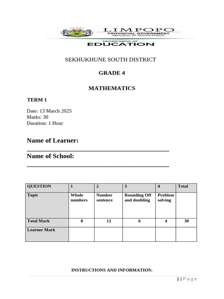 2025 Mathematics Gr4 Term 1 District Test-1 | PDF