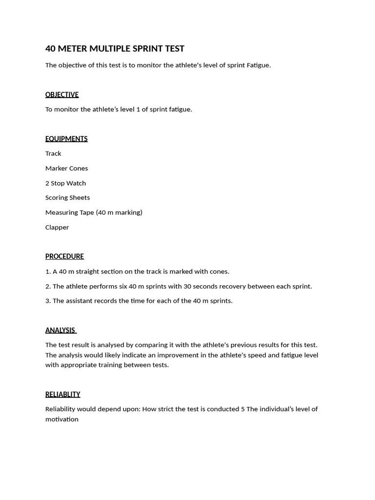 40 Meter Multiple Sprint Test | PDF