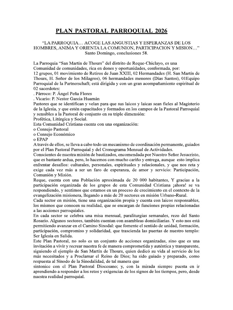Plan Pastoral Reque 2026 | PDF