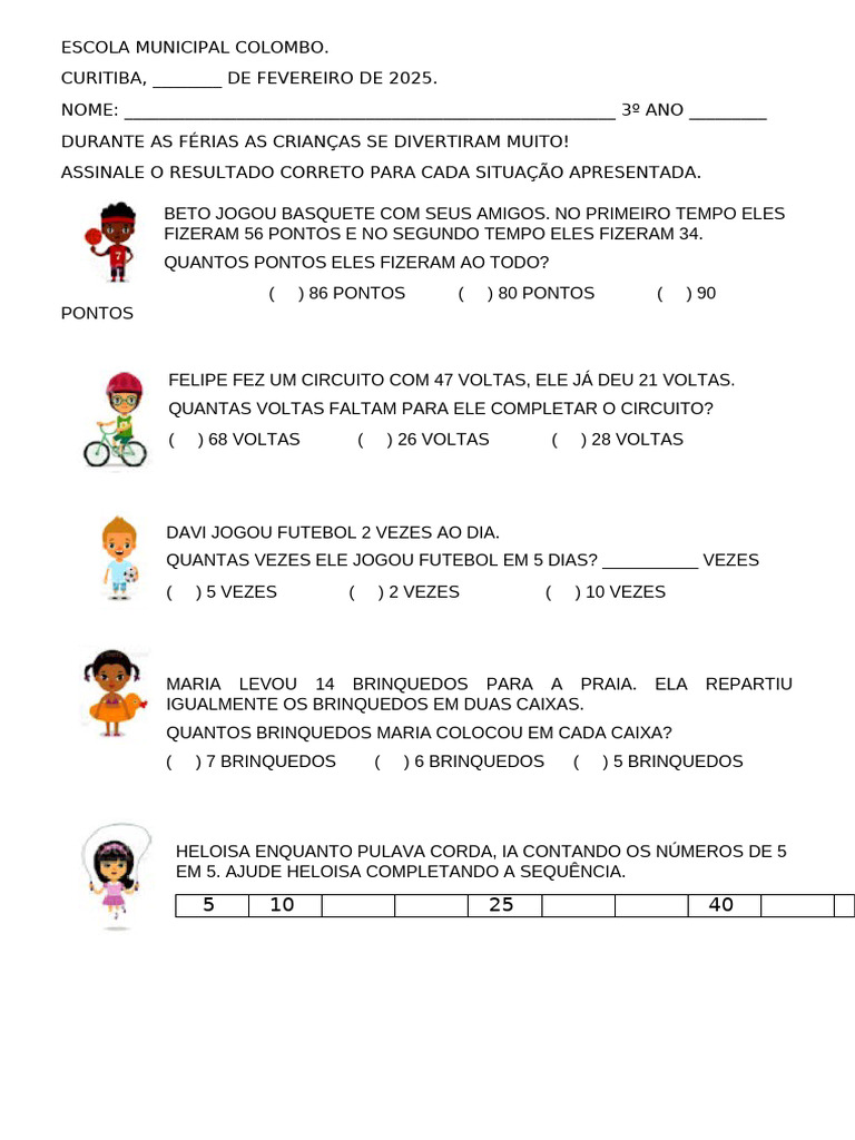 ATIVIDADE Avaliativa de Matemática 3 Ano 2025 | PDF