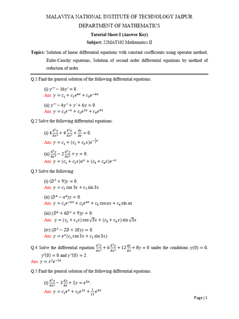 Ans. Key Tutorial Sheet-I - 22mat151 - Mathematics II | PDF