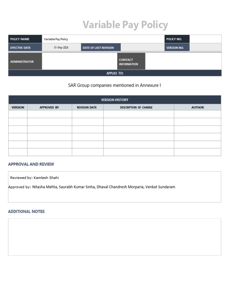 Variable Pay Policy - SAR Group | PDF | Employment | Taxes