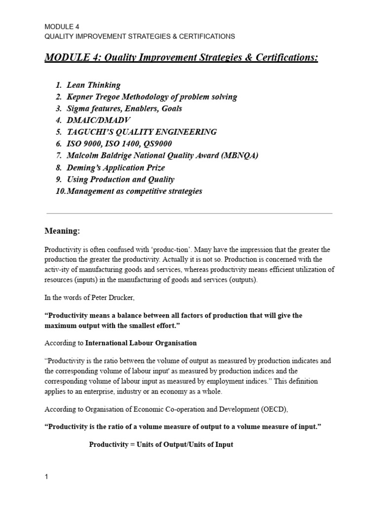 MODULE 4 - Quality Improvement Strategies & Certifications | PDF