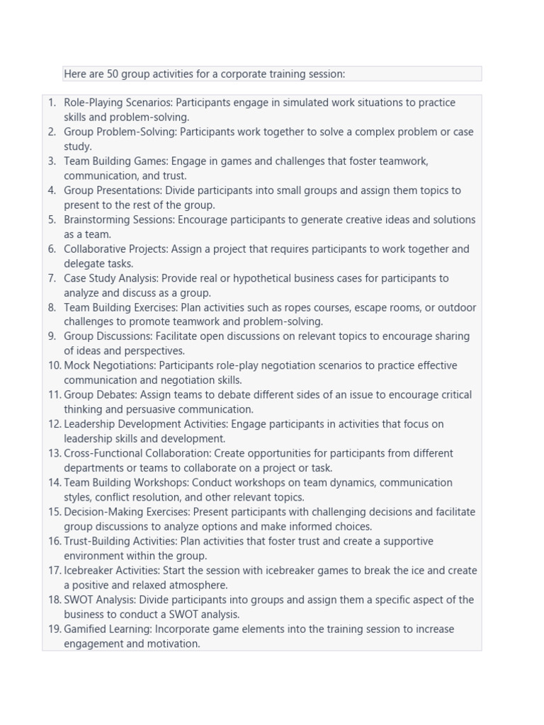 50 Group Activities For A Corporate Training Session | PDF