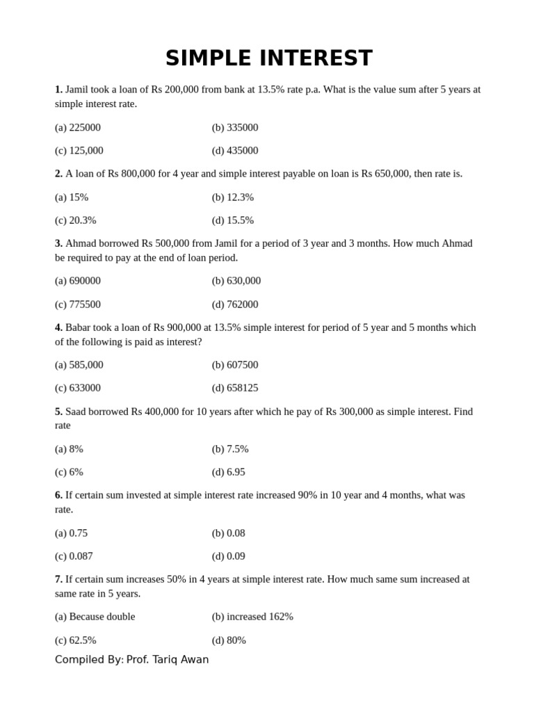 Simple Interest (MCQ, S) | PDF