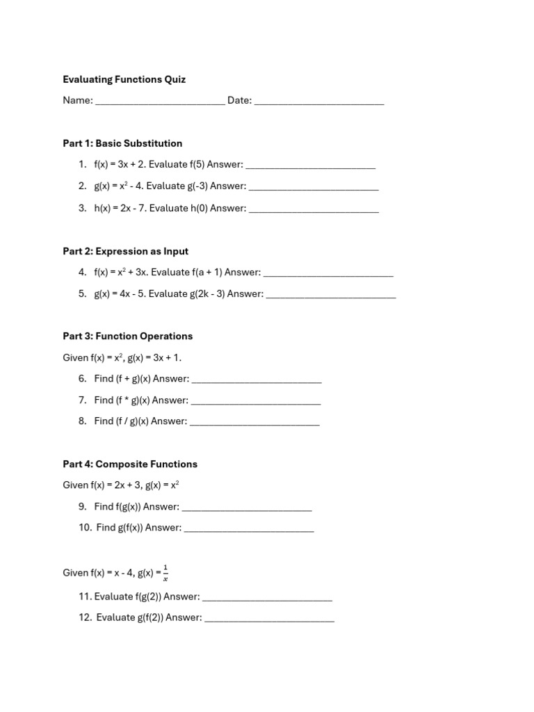 Evaluating Functions Quiz | PDF