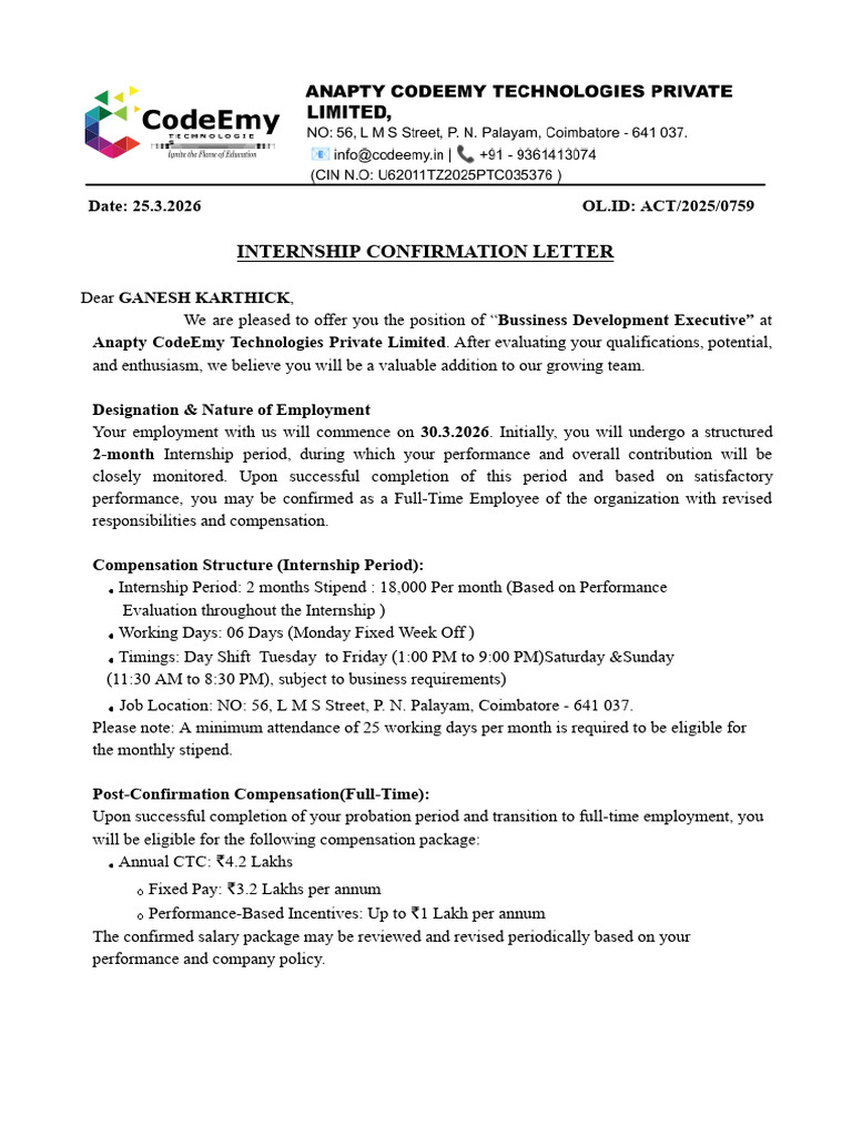 NAME - Internship Offer Letter - CodeEmy Technologies Pvt. Ltd. | PDF