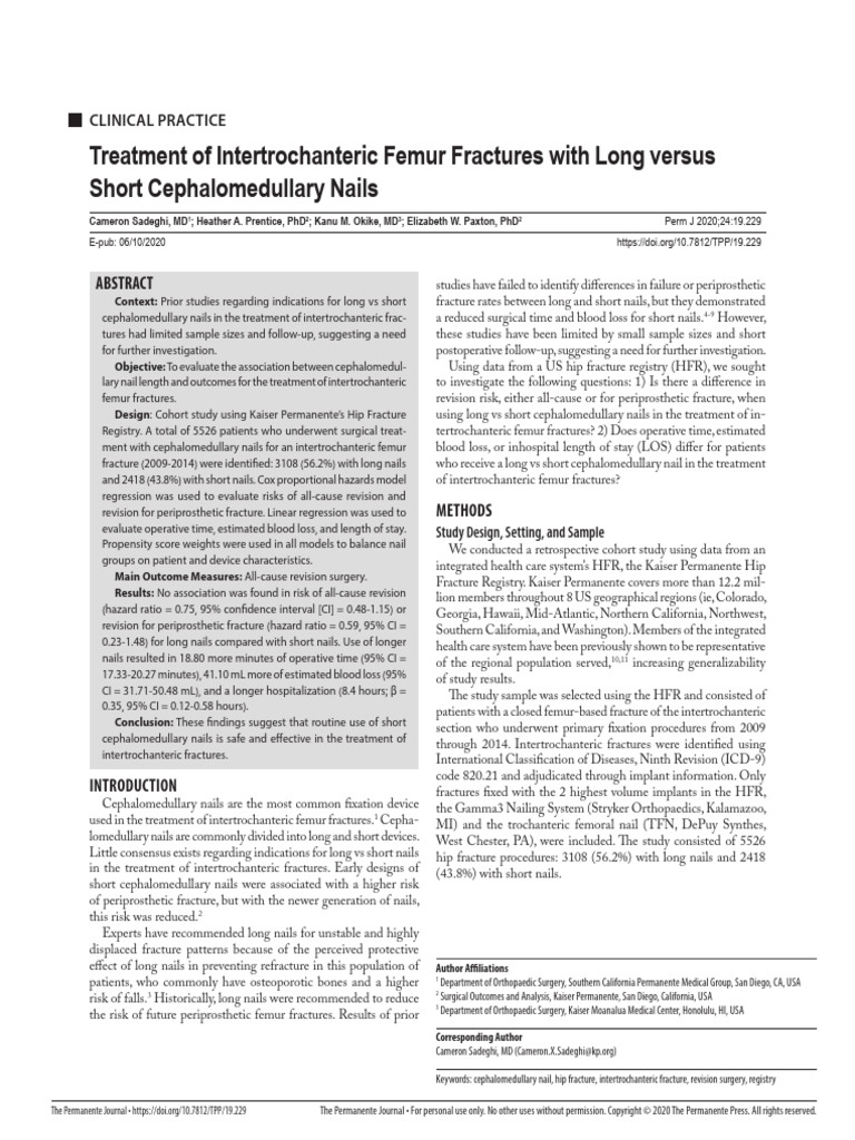 Sadeghi Et Al 2020 Treatment of Intertrochanteric Femur Fractures With ...