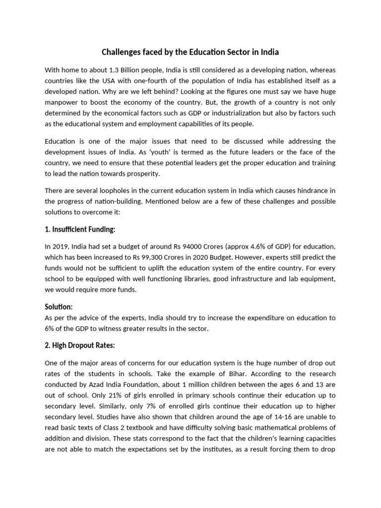 Challenges Faced by The Education Sector in India | PDF
